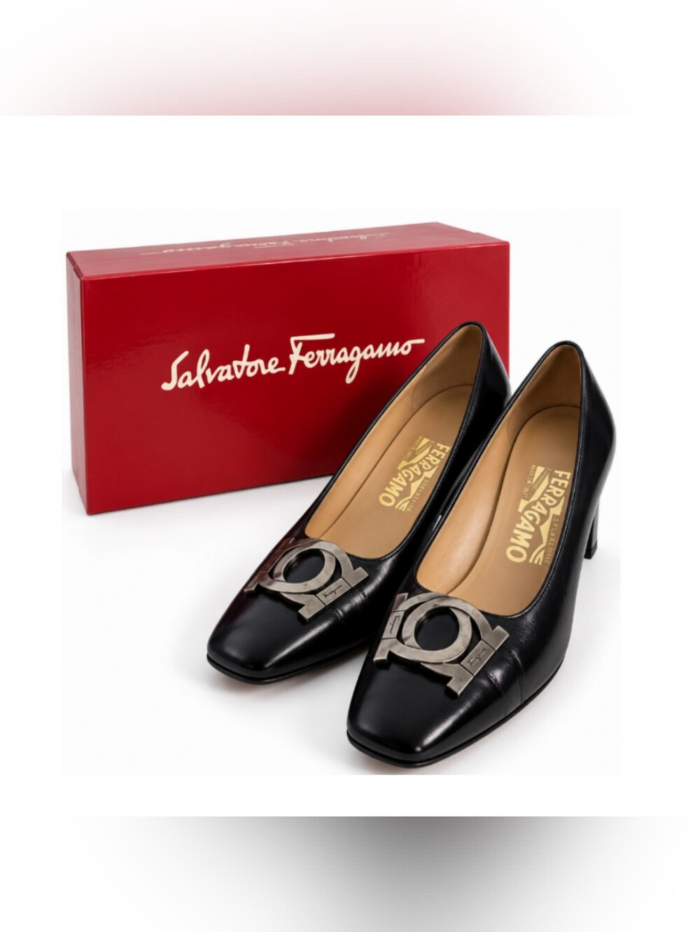 Ferragamo Black Square Toe Gancini Buckle Pump Block Heel 6.5 90s Minimalist